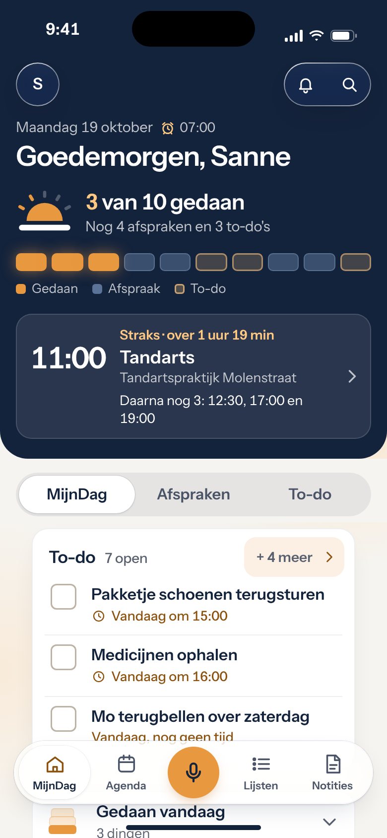 De app: Mijn dag met de volgende afspraak en de to-do's van vandaag